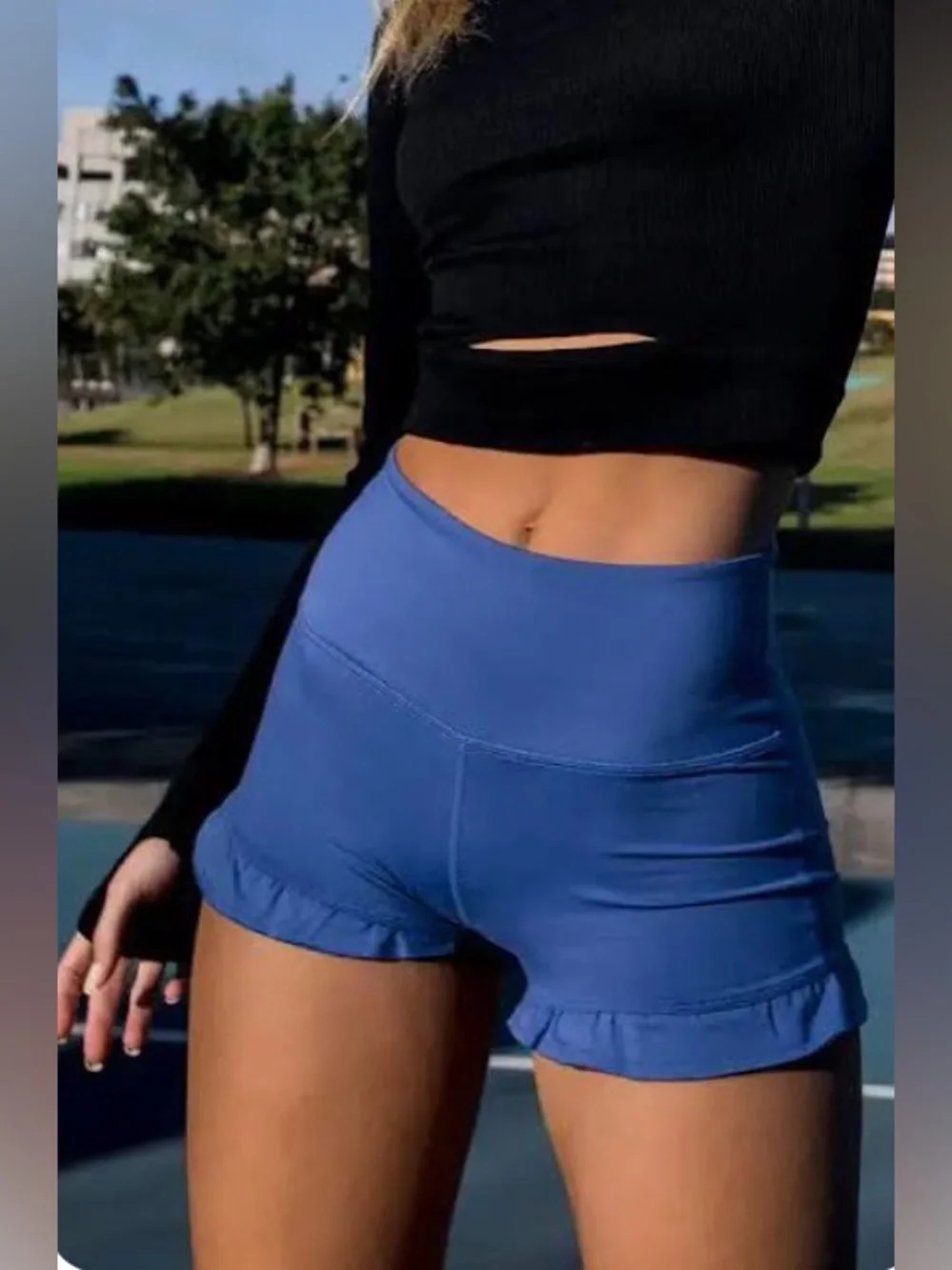NEW Ladies L FREE PEOPLE Movement Purple Blue Ruffle Hem Flirty Workout Shorts